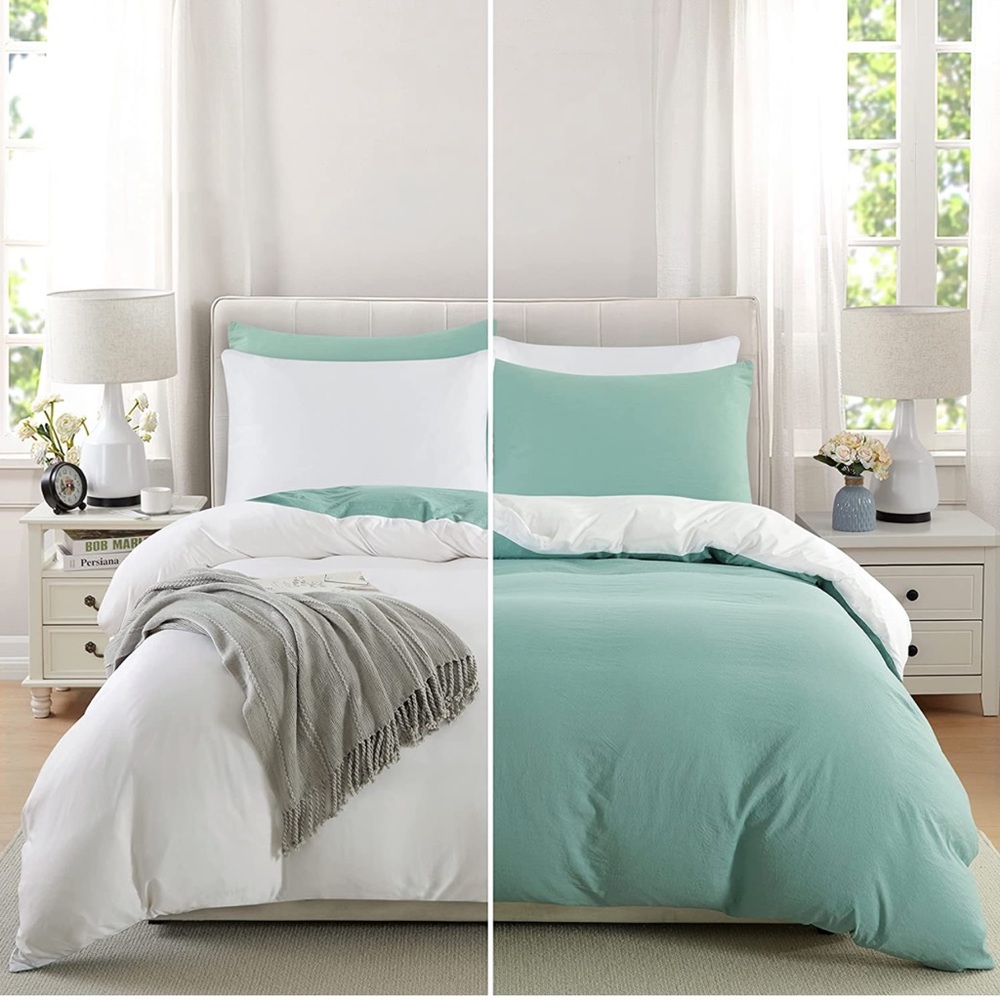 3 Pieces Cooling Duvet Cover Bedding Set, Reversible (Queen,White/Green)